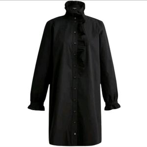 J. Crew Cottage Shirt Dress Button Up Cotton Poplin Ruffle BP840 Black Sz 2